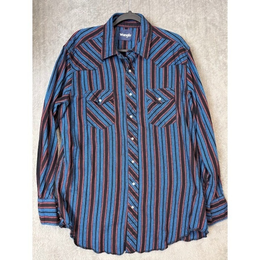 Wrangler Western Shirt Men's XLT Tall Blue Red Black Stripe Snap Front